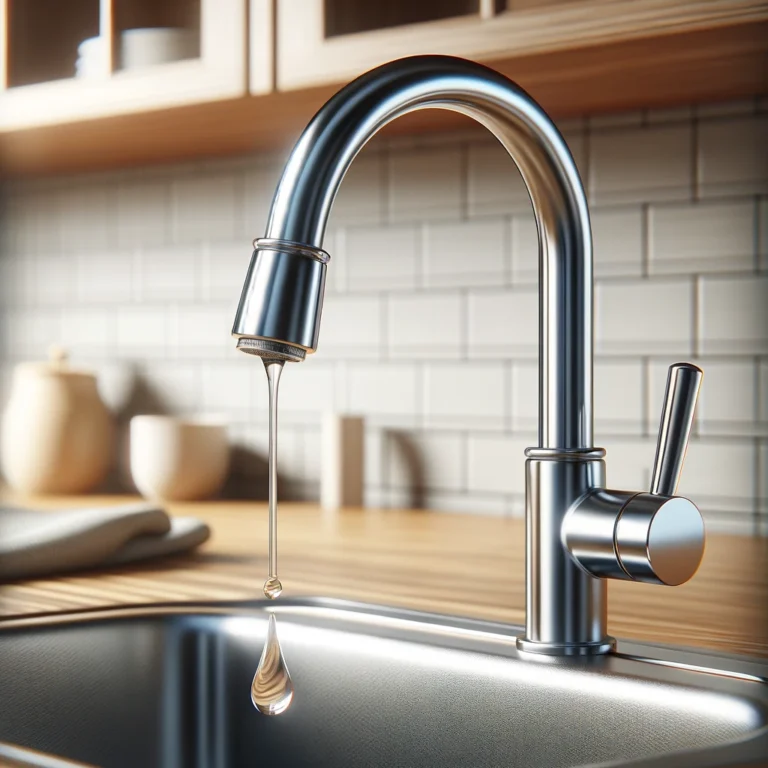 Modern kitchen faucet leaking water droplet, illustrating common plumbing issue for plumber services.