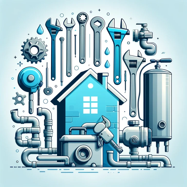 Assorted plumbing tools like wrenches, pipes, a plunger, and a water heater artfully arranged around a house outline, symbolizing home plumbing maintenance, in a blue, grey, and green color scheme.
