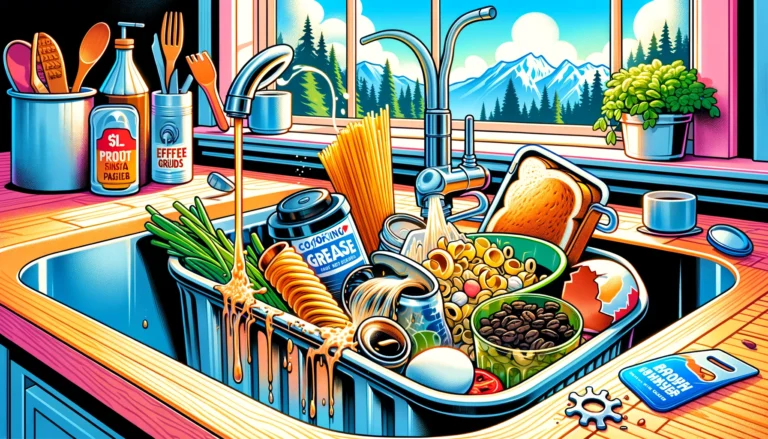 Feature image showing a kitchen sink overflowing with common blockage items including cooking grease in a container, coffee grounds, eggshells, expanded pasta, and a produce sticker, with a scenic view of North Vancouver mountains in the background.