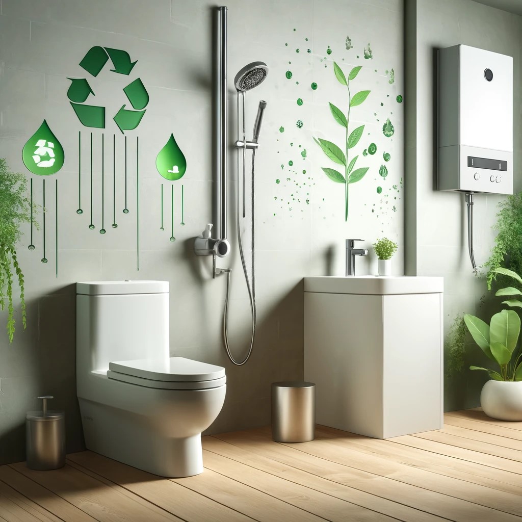 A modern bathroom with eco-friendly plumbing fixtures, including a sleek low-flow toilet, a stylish water-saving showerhead, and a tankless water heater mounted on the wall.