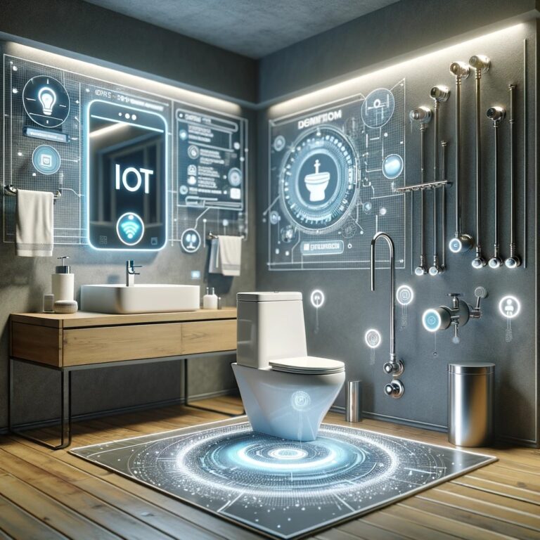 Modern bathroom equipped with IoT technology, featuring a smart toilet, digital faucet, and sensors on plumbing pipes, set in a sleek, minimalist design to illustrate the revolution of plumbing in Canada through IoT advancements.