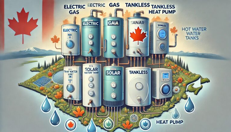 Illustration of various types of hot water tanks, including electric, gas, tankless, solar, and heat pump, arranged in a visually appealing manner.